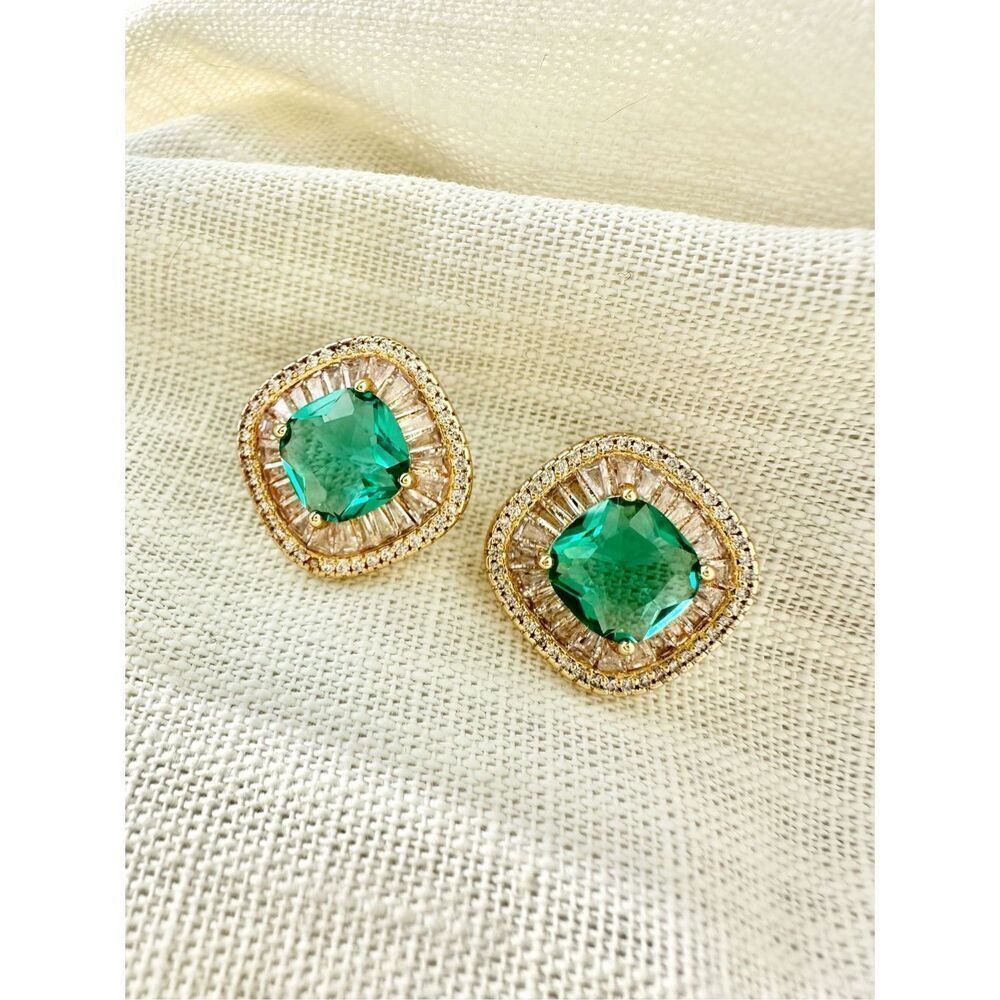 Bright aqua green baguette stud earrings